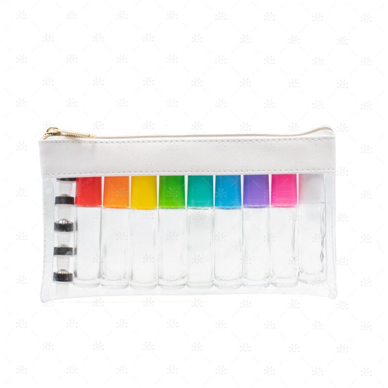 10ml Clear Roller Bottles with EOS Signature Multi-Coloured Plastic Caps in a Travel Case (set of 9 bottles)