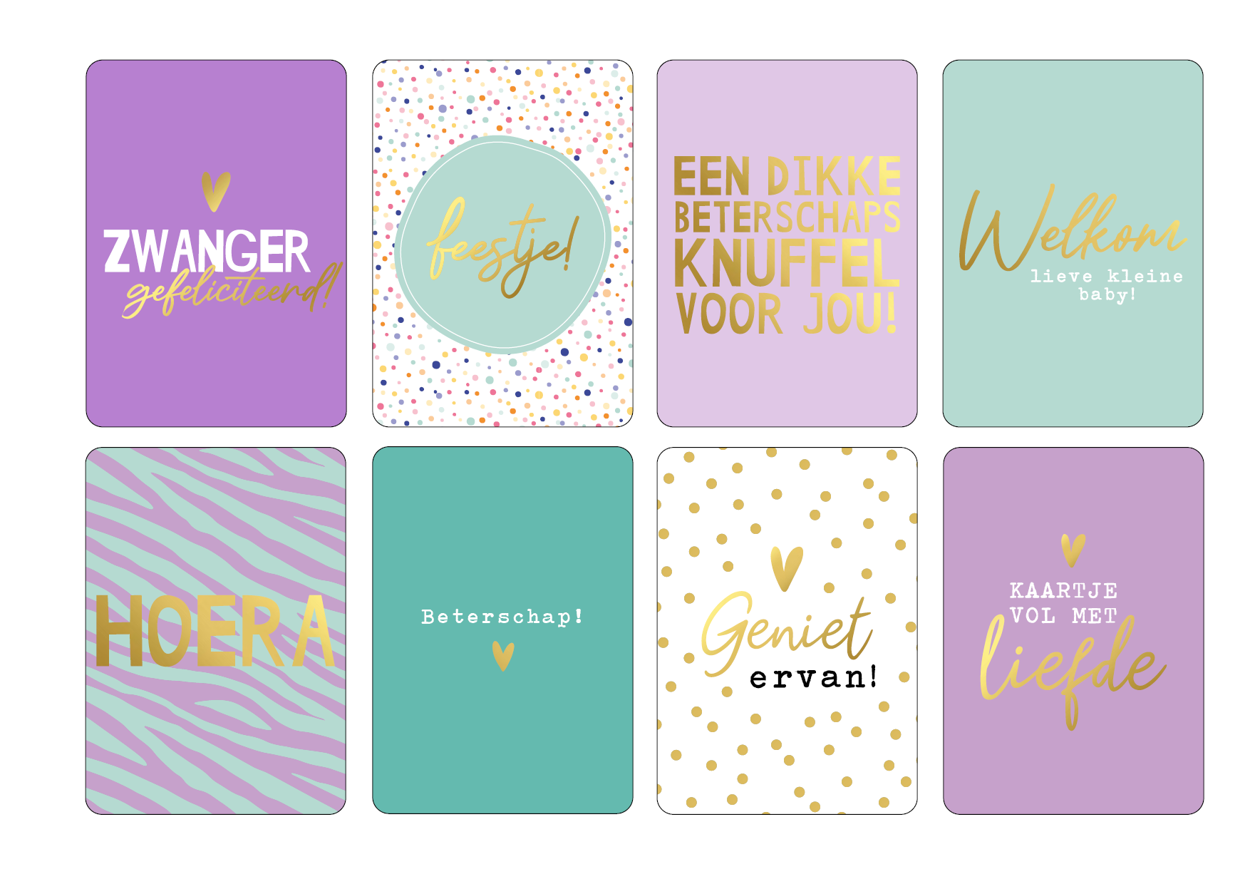 Wenskaarten Paars / Groen / Goud - (8 stuks)