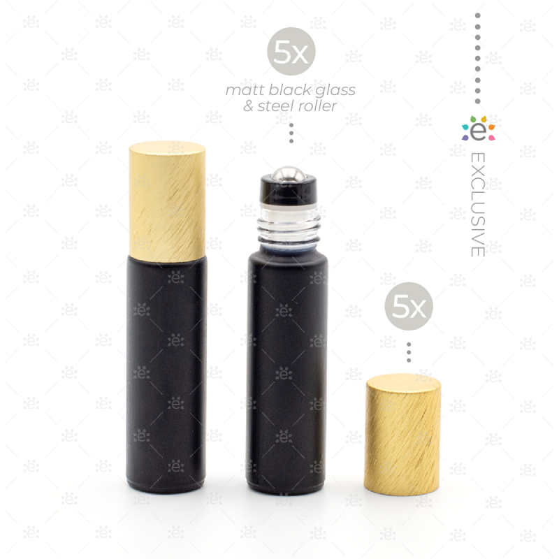 10 ml Frosted Roller Fles Zwart Metallic Goud (5 stuks)
